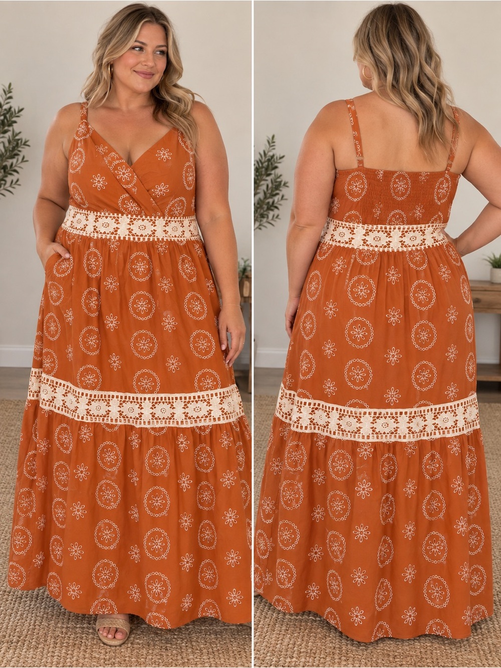 Women's Rust Orange Maxi Dress with Crochet Trim Fall color